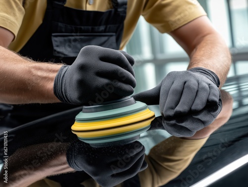 Professional auto detailer polishing car paint to a brilliant shine for ultimate protection and sleek aesthetics, showcasing meticulous care and high-quality service