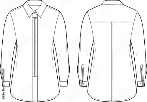 Long-sleeve button-down shirt with classic collar and hidden placket fashion technical drawing flat sketch vector illustration for Adobe Stock