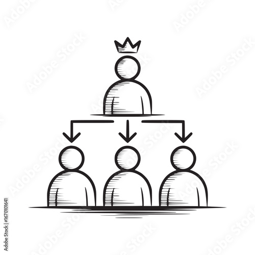Illustration of a hierarchical structure with a crowned leader and three subordinates below them