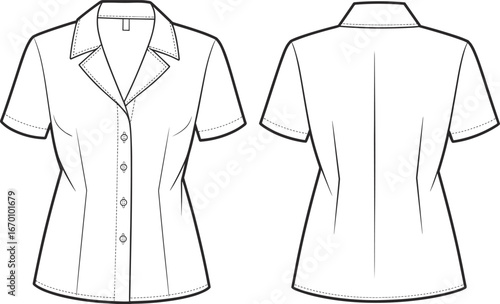 Short-sleeve button-down blouse with classic collar and darts technical fashion drawing flat sketch vector illustration for Adobe Stock