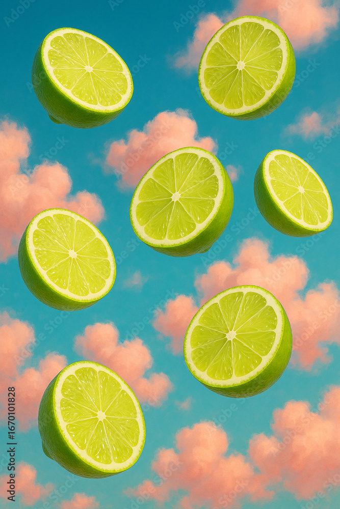 Fototapeta premium Fresh lime slices floating against a dreamy sky with pink clouds, surreal vibrant composition merging tropical freshness with playful modern design.