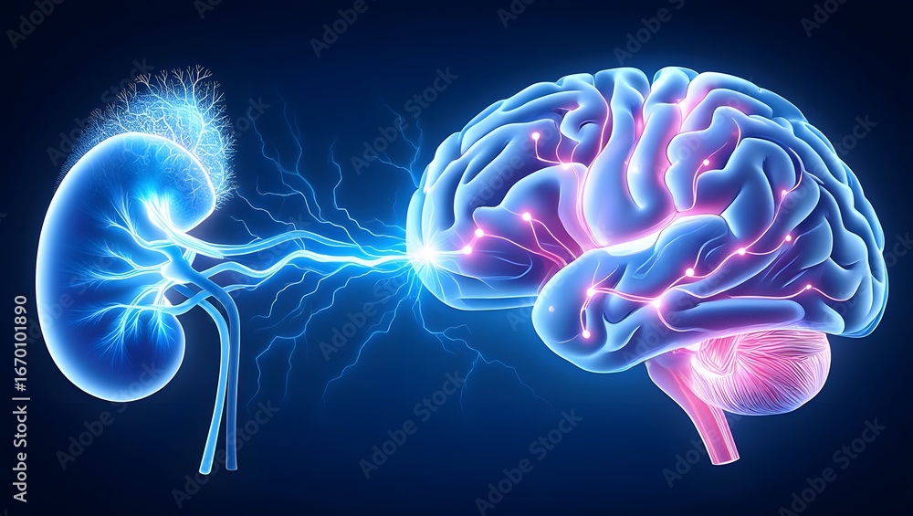 Fototapeta premium Brain and Kidney Connection with Electric Energy