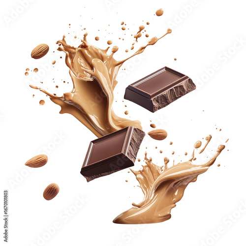 Realistic Chocolate Pieces and Peanut Butter Splashes Isolated
