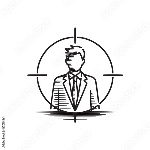 A person in a suit and tie inside of a crosshair target in a black and white line drawing style