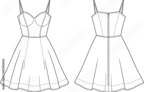 Spaghetti strap mini dress with sweetheart neckline and fitted bodice fashion flat sketch vector illustration for Adobe Stock