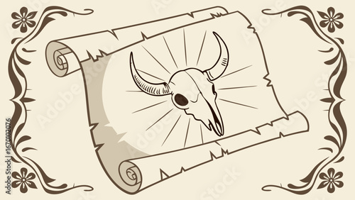 Vintage Scroll with Animal Skull Design Western Theme Antique Parchment Graphic Illustration.