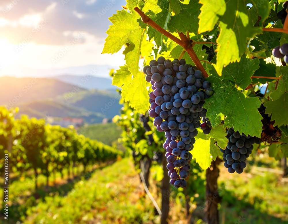 Fototapeta premium Vineyard at sunset with ripe grapes