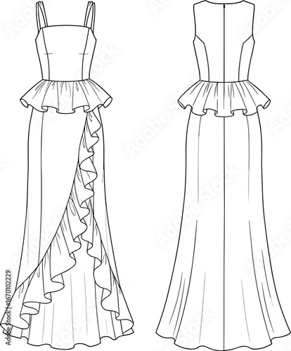 Strapless peplum maxi dress with ruffle detailing and fitted bodice fashion technical drawing flat sketch vector illustration for Adobe Stock