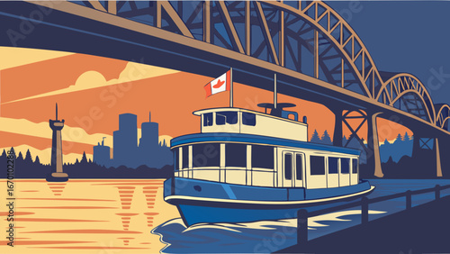 Vintage Style Boat on River Under Bridge at Sunset Water Transportation Travel Poster Illustration.