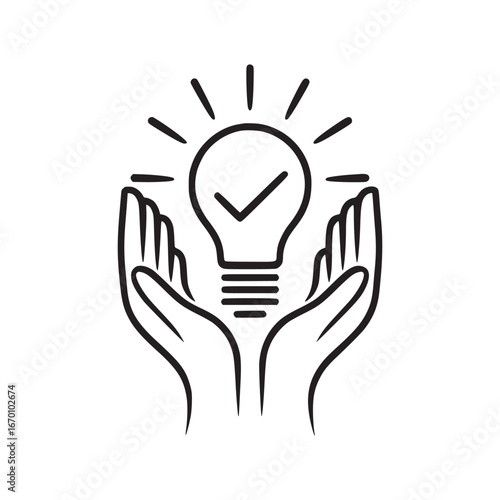 Hands holding a lightbulb with a check mark inside representing a bright idea and solution concept