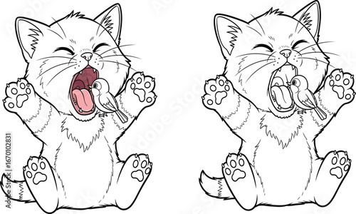 Cute Cartoon Kitten Yawning Widely with Open Mouth and Paws Up, with Small Bird Inside its Mouth, Outline Illustration