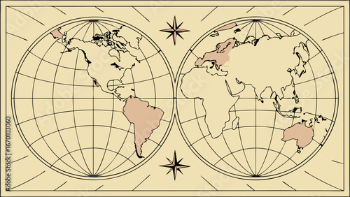 Vintage World Map Illustration Global Travel Geography Navigation Antique Cartography Design.