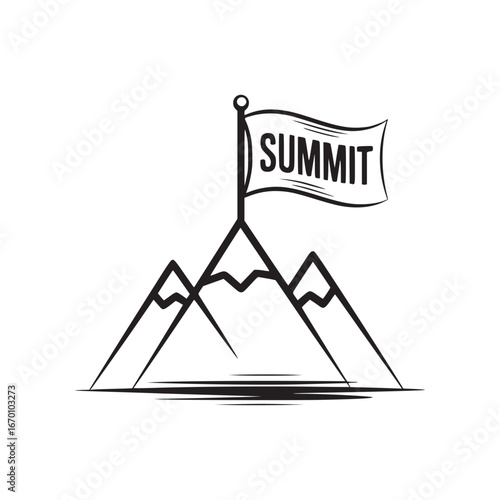 Illustration of a mountain range with a flag on top that says summit in black and white color