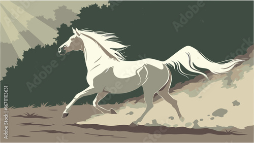 White Horse Running Through Nature Artistic Illustration Equine Art Wild Animal Galloping Elegant Majestic Freedom Speed Power Energy Nature Scene Landscape Sun Rays Wildlife Art Animal Illustration .