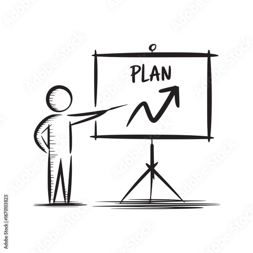 Sketch of stick figure presenting a plan with an upward trending arrow on a presentation board