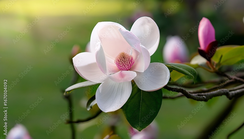 Fototapeta premium elegant white blossom with pink tinted edges against a softly blurred green backdrop