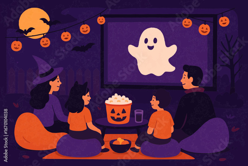 Flat design illustration of children watching a Halloween movie with ghost projection and decorations.