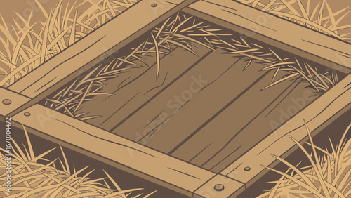 Wooden crate in tall grass rustic illustration empty container game asset background texture rural scene vector graphic farm countryside nature hay straw wooden box vintage retro simple design top vi.