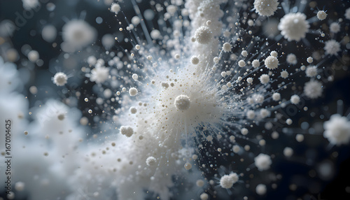 Abstract macro view of white spores spreading in dynamic motion, resembling a microscopic biological explosion in space.
