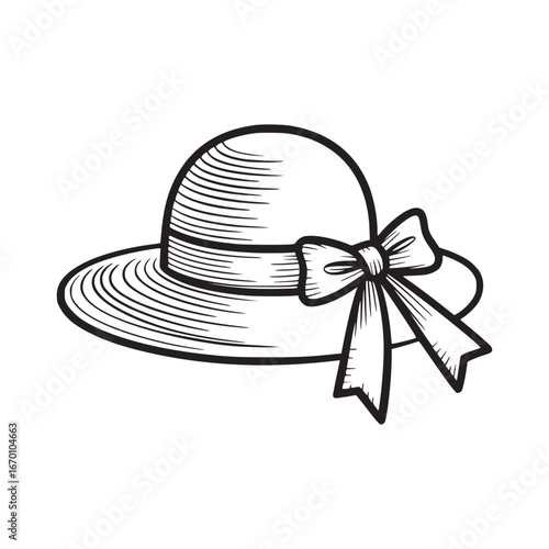 A line drawing of a sun hat with a bow on the side and a white background in a simple style