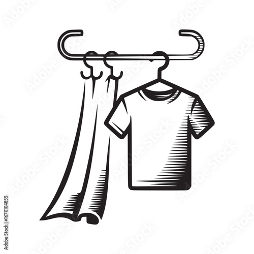 Illustration of a t shirt and a curtain hanging on a metal rack with hooks on a white background