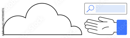 Minimalist cloud with search bar and extended hand, representing innovation, accessibility, cloud computing, research, data management, online services, and technology. Ideal for a simple landing