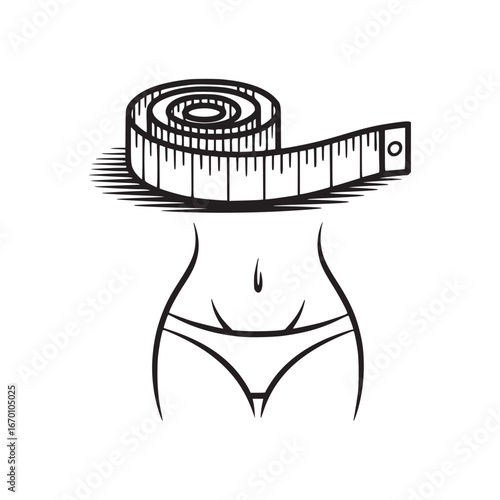 Stylized woman's torso with a coiled measuring tape around the waist in black and white outline style