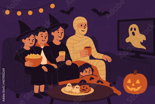 Flat design illustration of friends in costumes watching a Halloween movie at home.