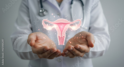 Doctor holding glowing female reproductive system with sparkles hands uterus