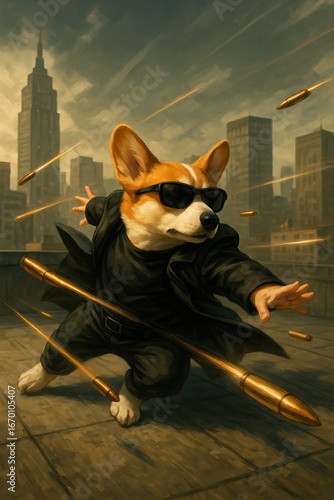 Action parody with corgi dodging bullets mid-air on rooftop cityscape with cinematic effect
