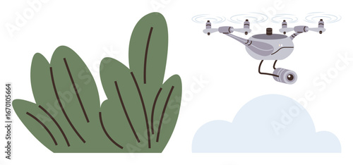 Quadrotor quadcopter equipped with camera hovering near foliage against clouds. Ideal for technology, security, surveillance, innovation, artificial intelligence, outdoor exploration, privacy