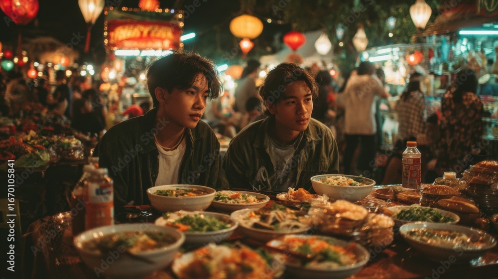 Fototapeta premium Two friends savor delicious street food at a vibrant Asian night market, embodying the idea of culinary discovery and camaraderie.