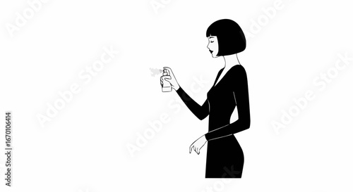 Stylish woman applying perfume from a spray bottle in minimalistic style  