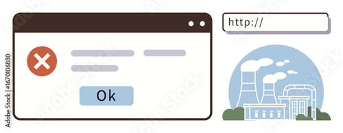 Browser window with error message and OK button beside a factory emitting smoke. Ideal for environment, digital error, technology, sustainability, pollution, warning, communication themes. Simple