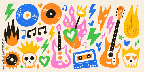 Rock and Roll Doodle Collection with Guitars Skulls and Flames illustration