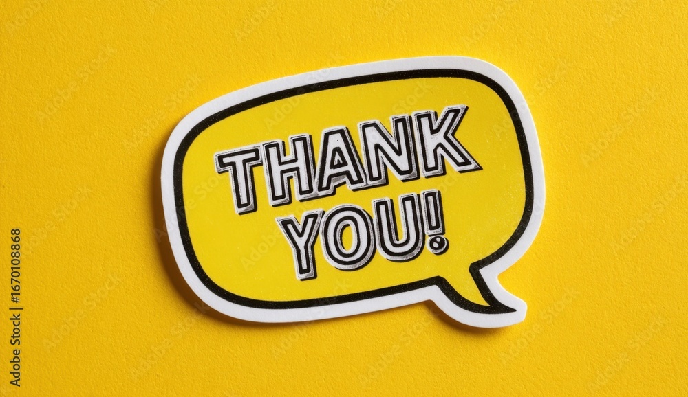 Obraz premium Bright yellow speech bubble with bold thank you message on vibrant yellow background