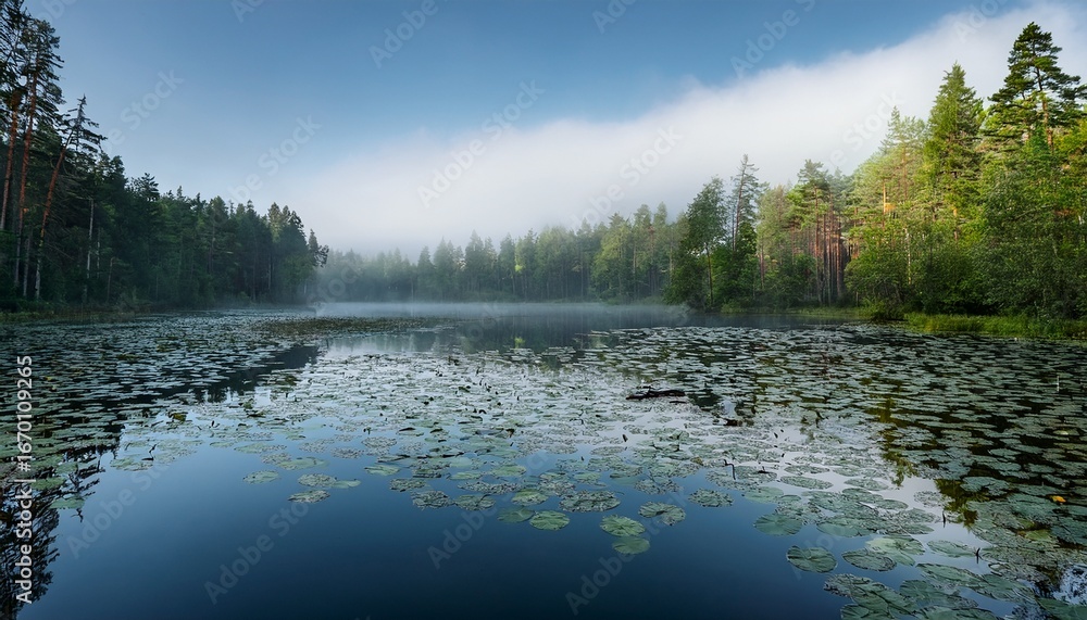 Fototapeta premium a tranquil forest lake surrounded by tall trees under a misty sky the serene atmosphere is complemented by the calm water surface covered with lily pads