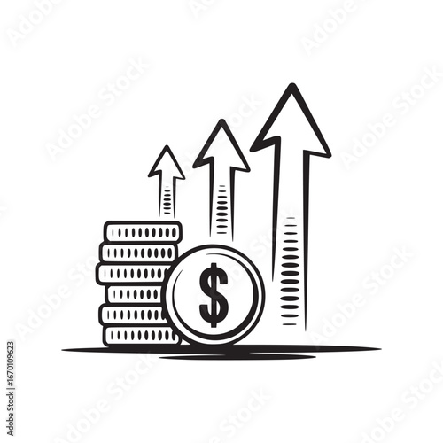 A stack of coins with a dollar sign and arrows pointing up indicating financial growth and success