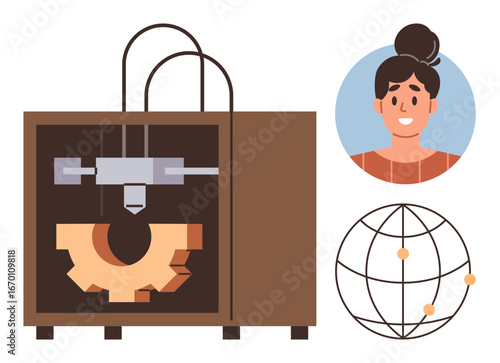3D printer crafting a gear alongside a globe network and a smiling woman portrait. Ideal for technology, innovation, connectivity, engineering, modern design, education, creativity. Clean simple