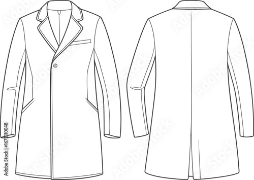 Minimal single-button women's coat fashion flat sketch, vector template, front and back view, clean design, outerwear technical drawing