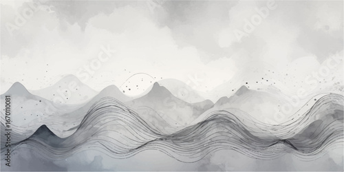 An abstract winter mountain landscape with snow-covered peaks and a misty sky
