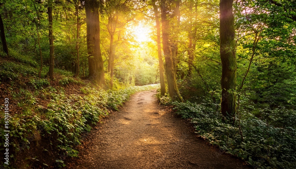 Obraz premium enchanted forest pathway with colorful blooms bathed in soft natural light