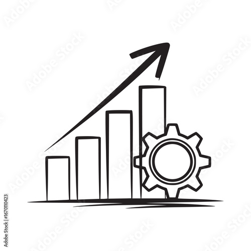 A black and white drawing of a bar graph with an arrow and a gear on a white background space
