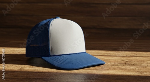 Classic Blue-White Trucker Hat Mock-Up on Wooden Plank