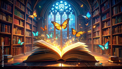 An open book with butterflies flying out of it in a library with a magical glow and a window in the background
