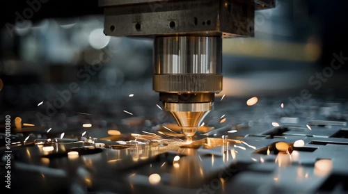 AI CNC automatic machine laser welding metal sheet with sparks and bokeh light in factory	
