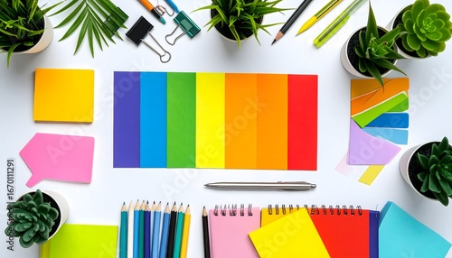 A creative flat lay of office supplies and a vibrant rainbow flag, symbolizing Pride and diversity. This colorful workspace is perfect for LGBTQ+ themes, creative projects, or back-to-school.