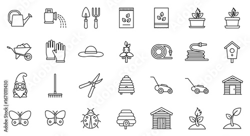 Collection of outline icons representing various gardening equipment tools