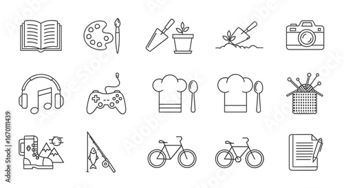 Collection of hobby and leisure activity line icons in outline style art