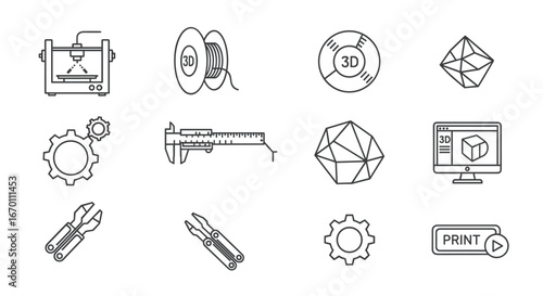 Outline icons depicting elements of d printing and design process tools